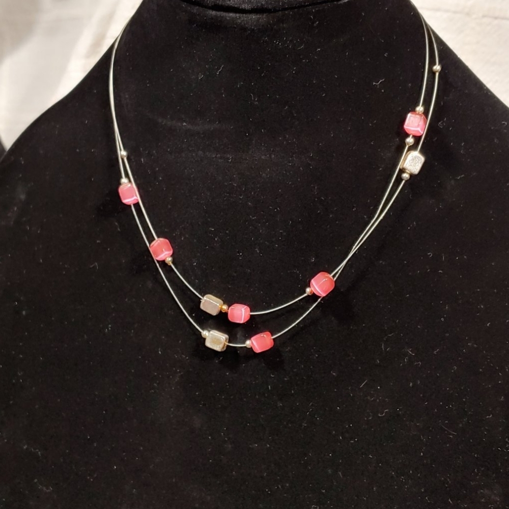 Vintage Glass and Pewter Cube Wire Necklace